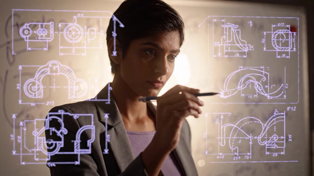 Focused Professional Analyzing Complex Technical Diagrams on Whiteboard, Engaging in Innovative Problem Solving and Creative Design Concepts with Precision and Attention