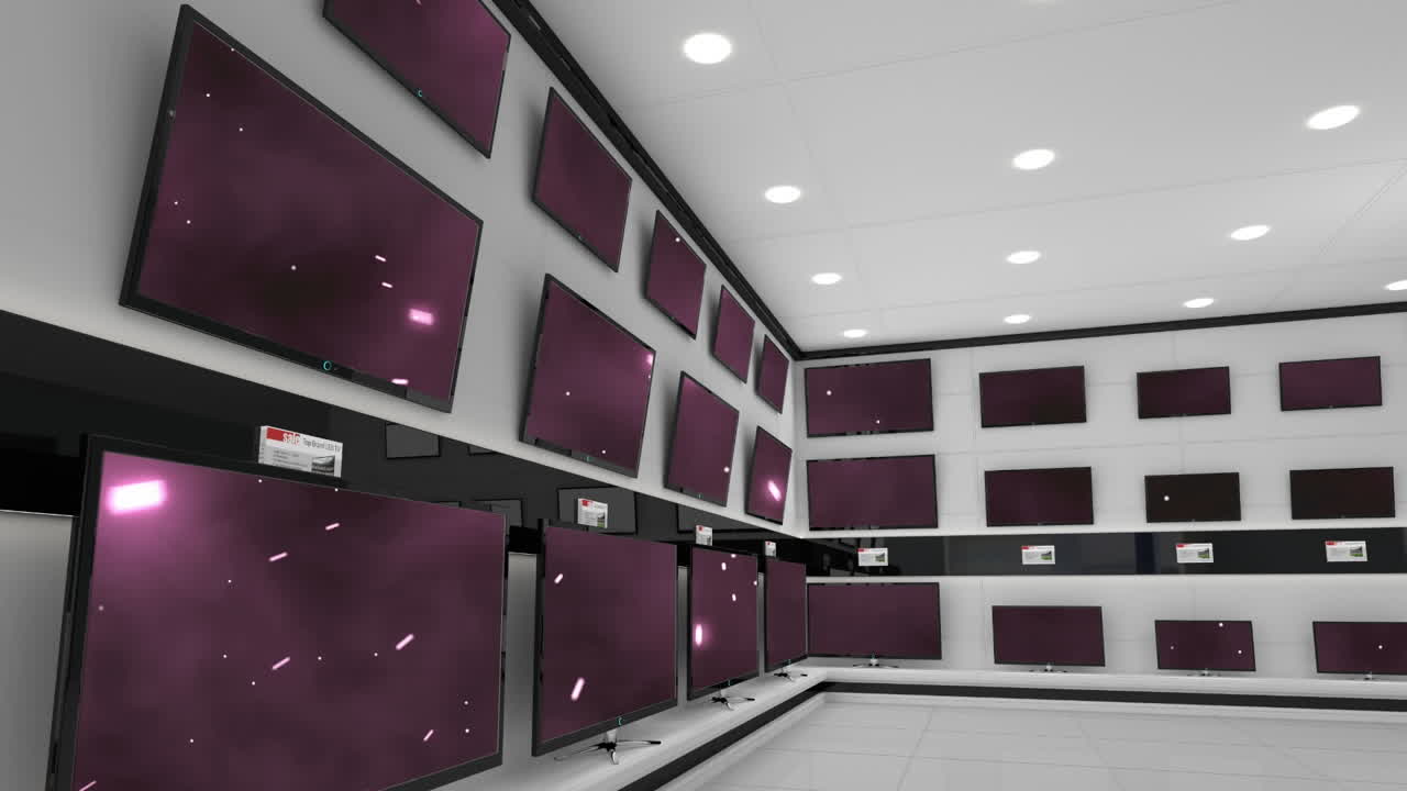 animación de filas de aparatos de televisión en la tienda con pantallas brillantes con espacio de copia