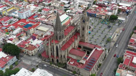 Neo-gothic-church-aerial-view-in-Guadalajara,-Mexico