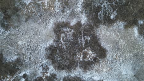 Vista-De-Arriba-Hacia-Abajo-De-Los-Campos-Y-Bosques-Durante-El-Invierno-Con-Un-Ligero-Polvo-De-Nieve-En-El-Suelo