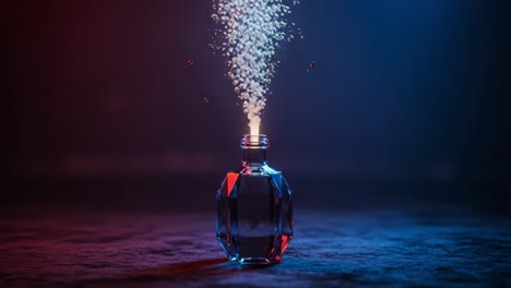 a stunning display of captivating bubbles and sparks emanating from a stylish glass bottle against a moody background with vibrant lighting effects