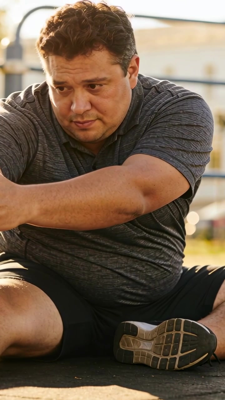 Vertical video: Sitting man rubbing shoulder reaching and raising arms on mat in gray polo warming