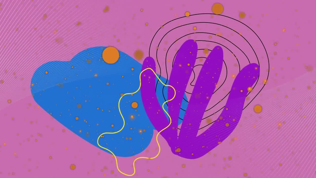 animación de ondas digitales y manchas amarillas sobre formas abstractas coloridas contra un fondo rosa
