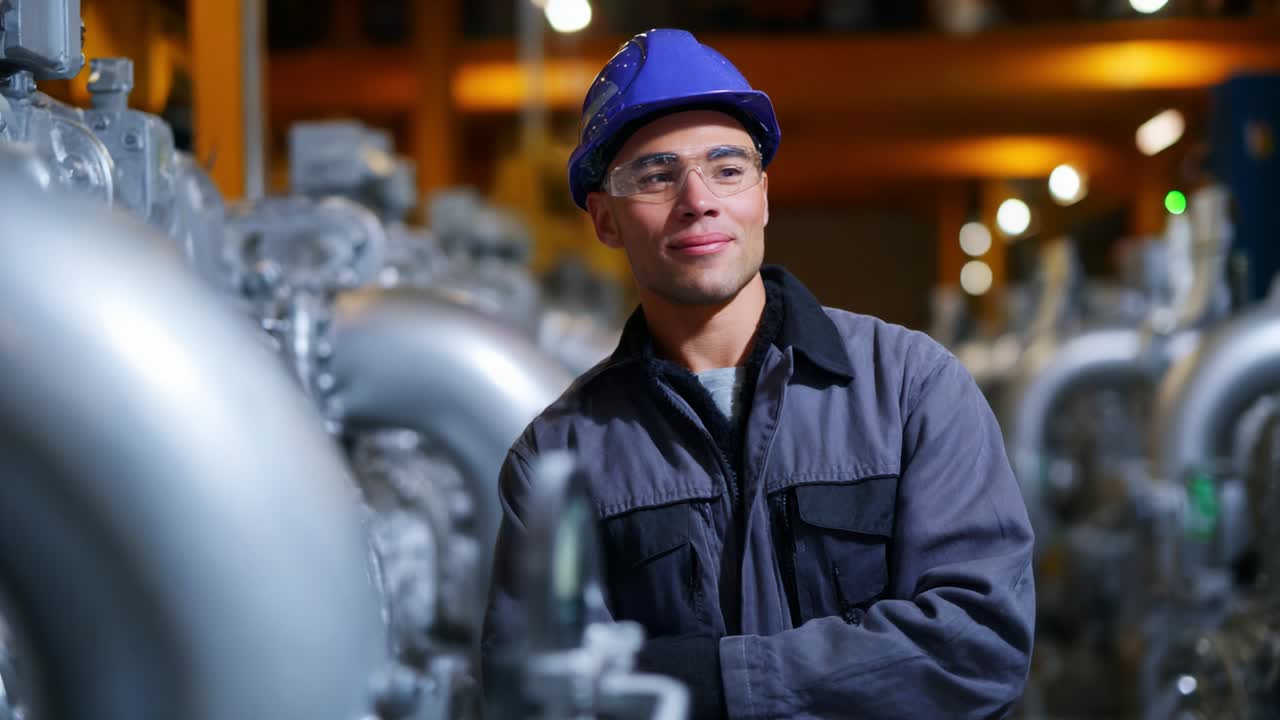 Un lavoratore sicuro di sé, con casco di protezione e occhiali, si trova accanto a un grande macchinario industriale, mostrando un momento di concentrazione e orgoglio in un ambiente di produzione, sottolineando dedizione e professionalità.