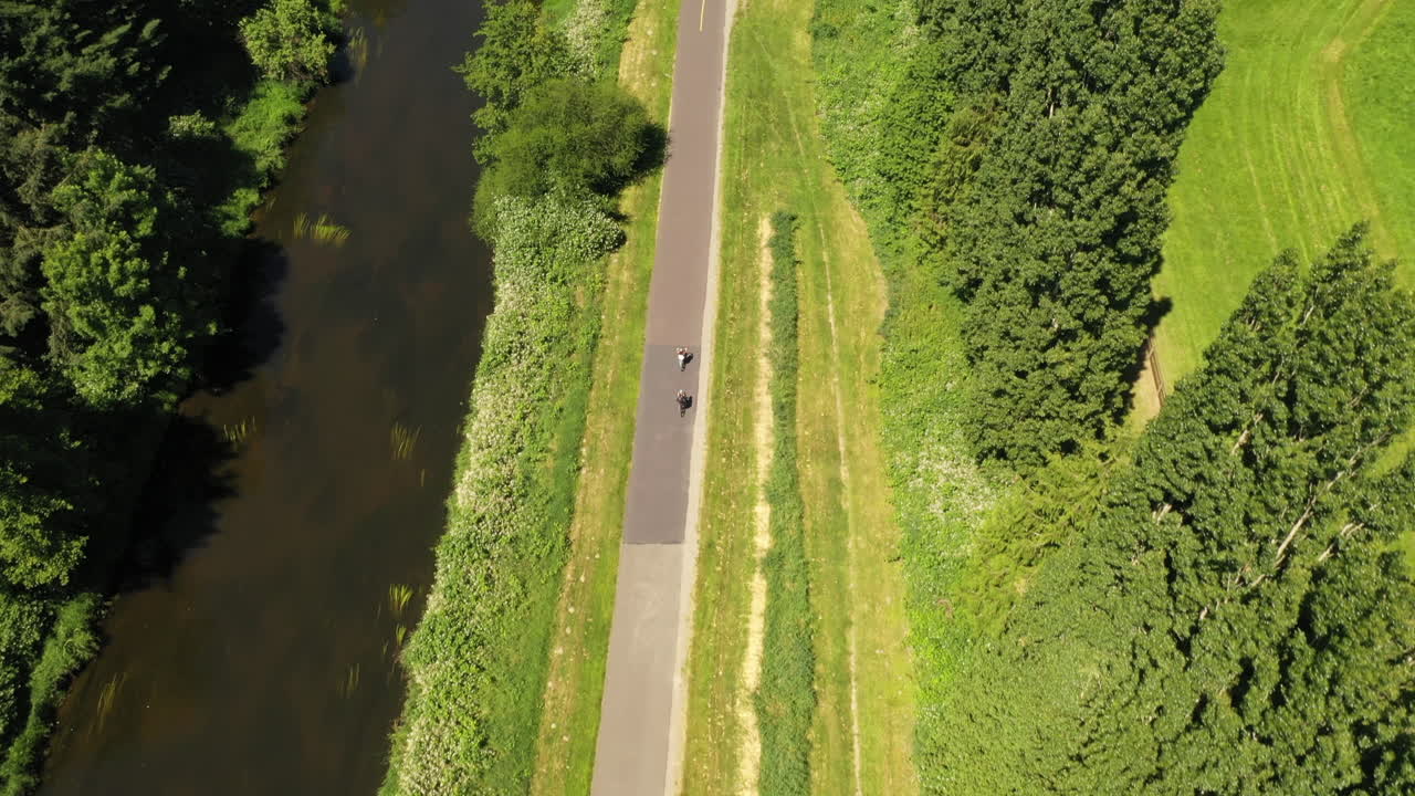나무 가 숨겨진 긴 도로 에 있는 자전거 타는 사람 의 공중 전망