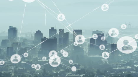 animation of network of connections with icons over cityscape