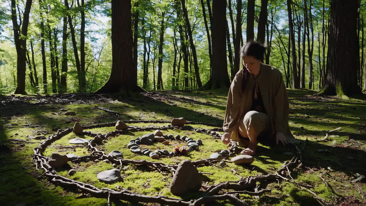 Woman Creating a Stone Circle in the Forest