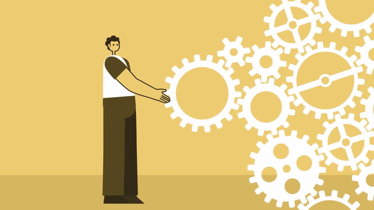 노란색 스타일의 평평한 캐릭터는 기어 시스템을 회전시니다. 알파 채널과 함께 고립된 루프 애니메이션