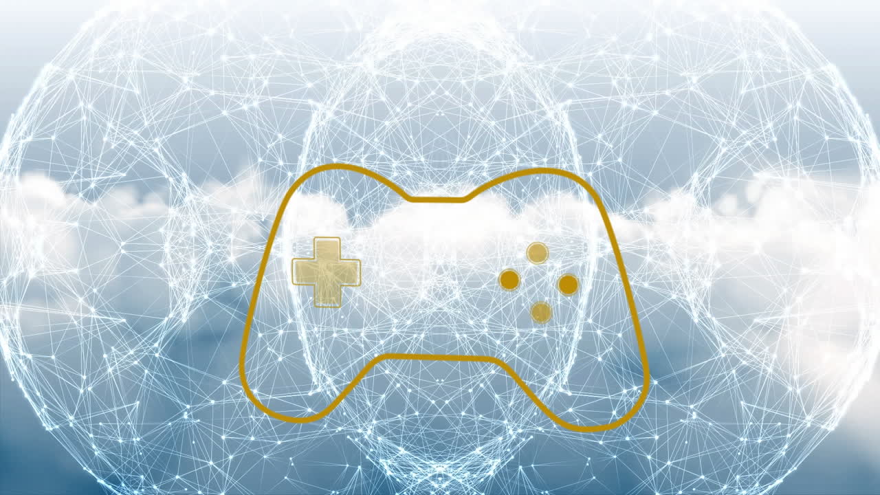 Animation of videogame controller icon over globe of network of connections against clouds in sky