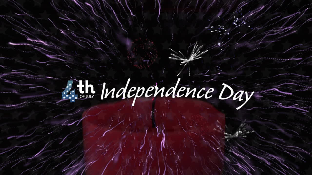 Happy independence day text banner over fireworks and light trail exploding and burning candle
