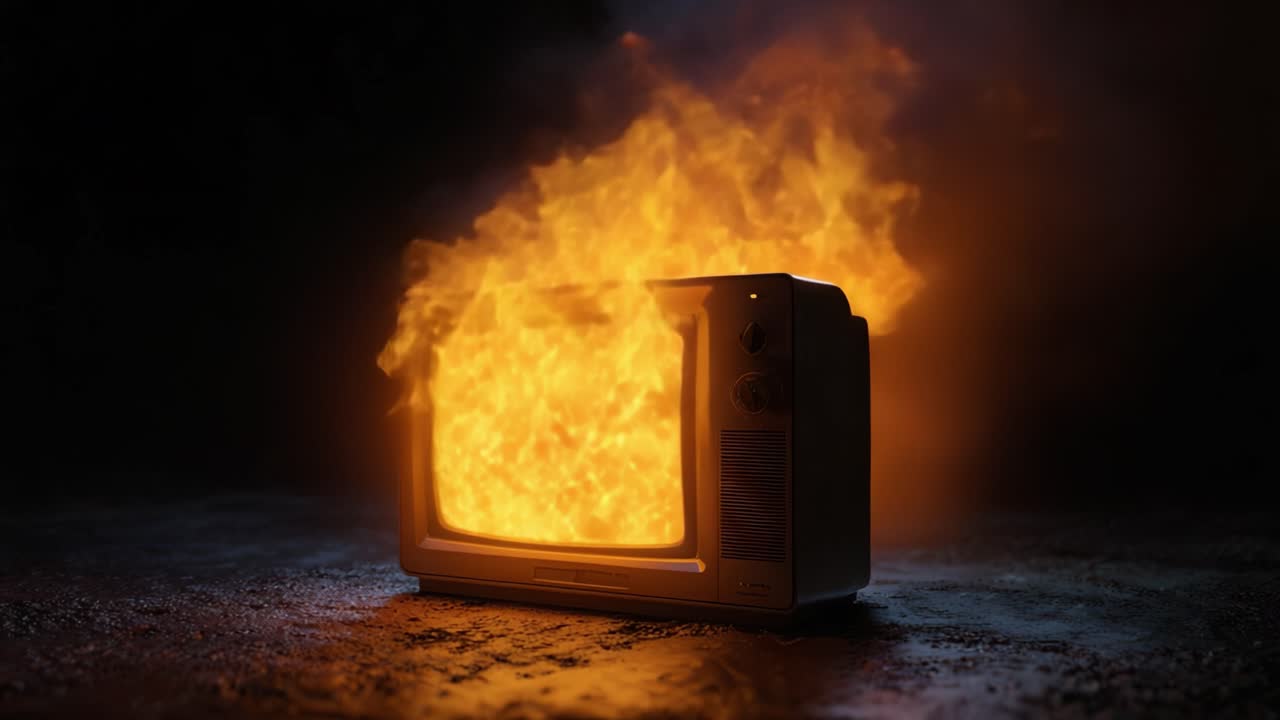 En eksplosiv fremvisning af flammer, der bryder ud fra et vintage fjernsynssæt, der indfanger intensiteten og kaosset ved forbrænding i et mørklagt miljø.