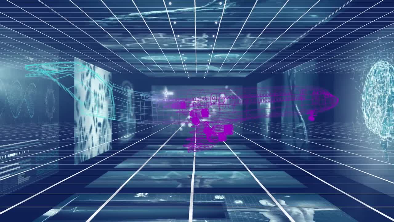 디지털 스크린 위에서 움직이는 비행기의 애니메이션