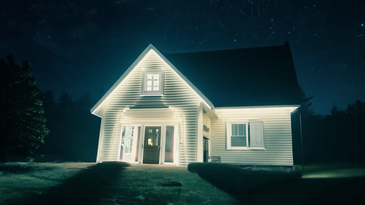 A small white house with lights on at night, under a starry sky