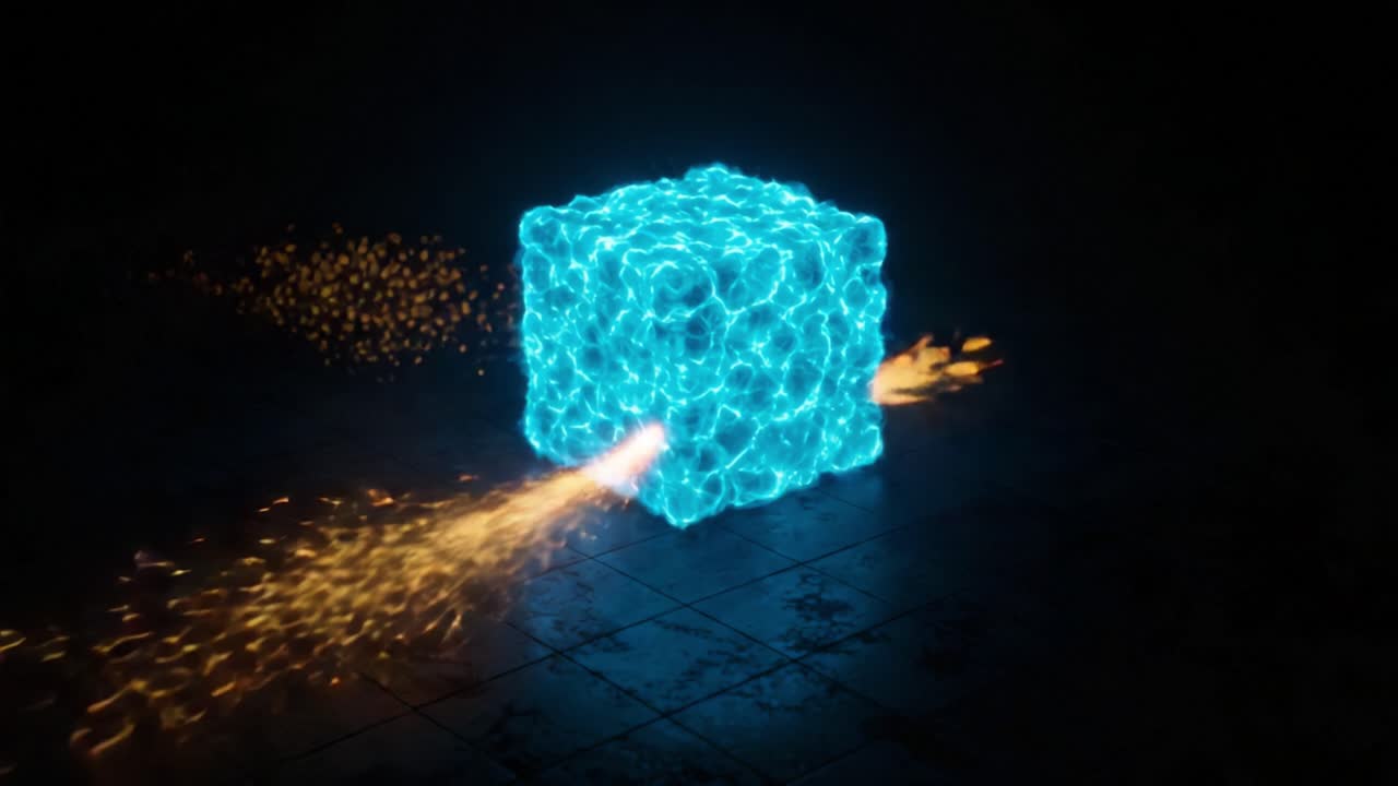 A Glowing Cube Surrounded by Sparks: A Mesmerizing Display of Light and Form in a Dark Environment Demonstrating Energy and Motion