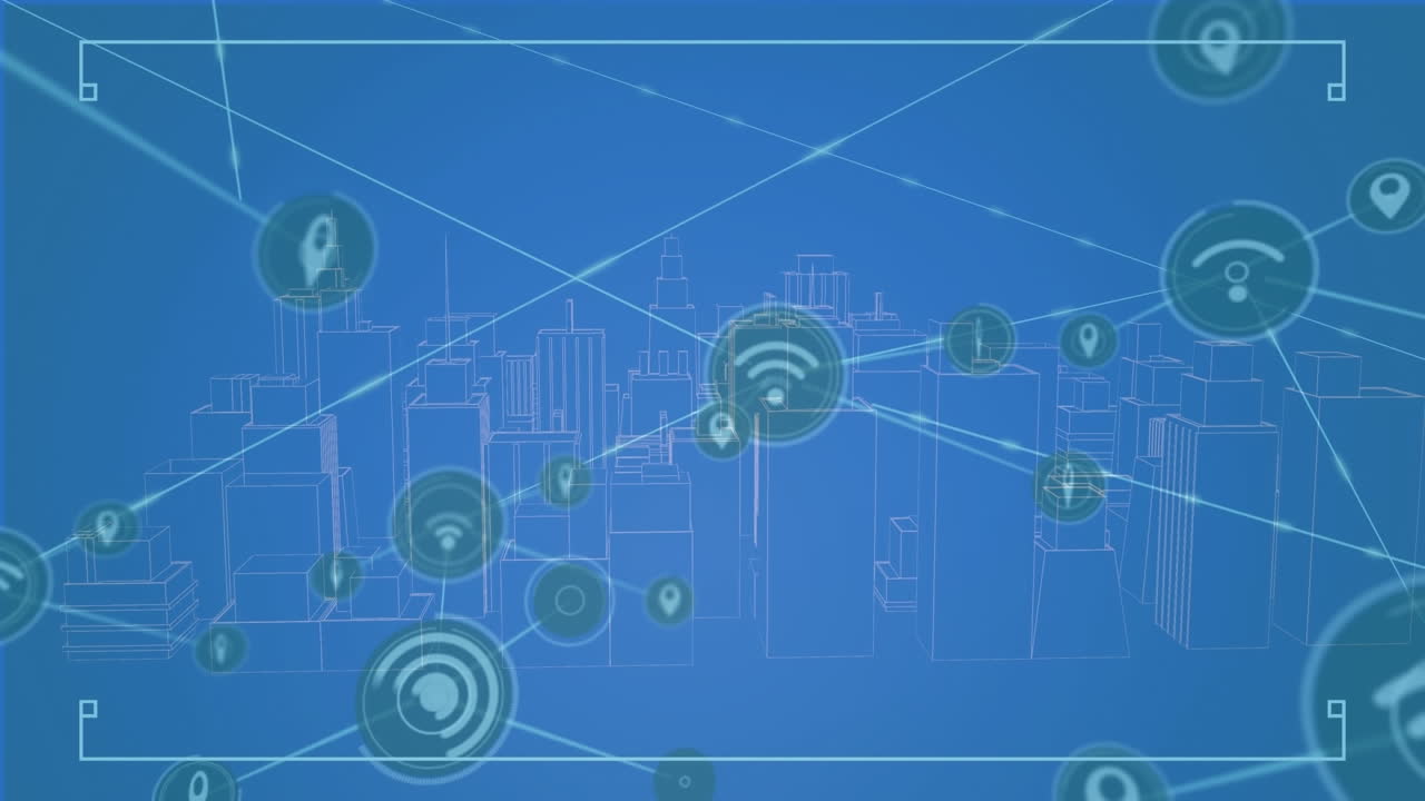 Animation of network of connections with data processing over cityscape