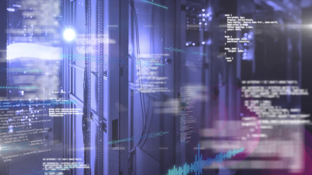 Data processing animation over servers in dimly lit data center