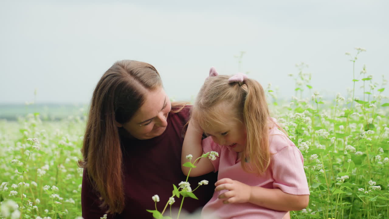 Madre e hija blancas sentadas en un prado, compartiendo un abrazo y risas, la madre como narradora y la hija como oyente, flores silvestres con enfoque suave en primer plano, luz de sol cálida filtrándose