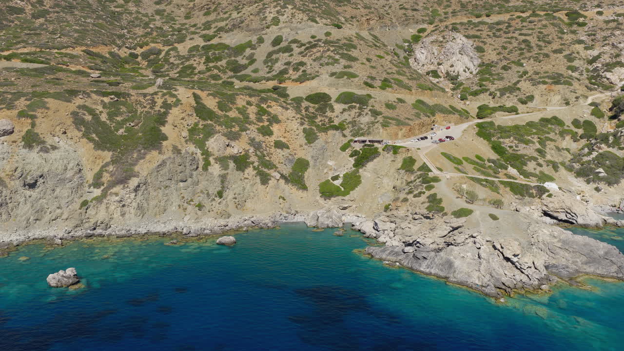 Panoramic drone footage of Agia Anna Beach in Amorgos island, Greece