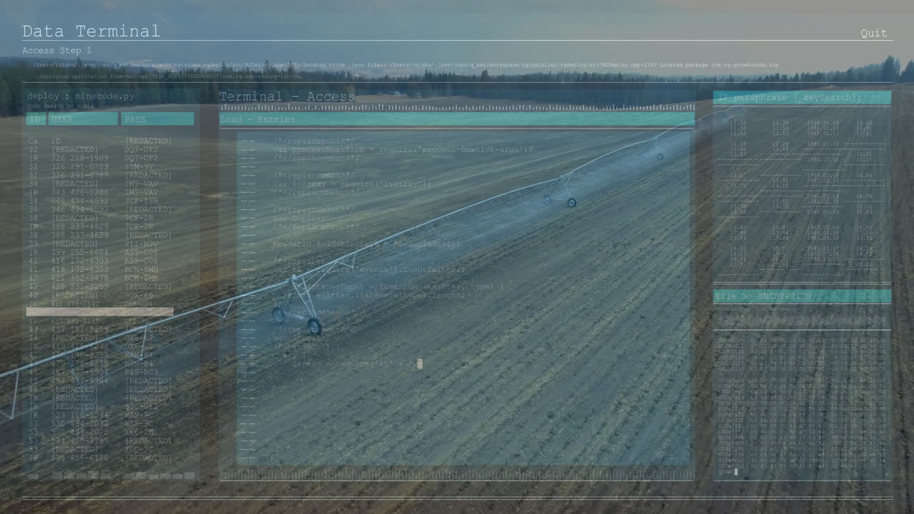 Center-pivot irrigation pipeline crossing plowed field, displaying code windows in flat design