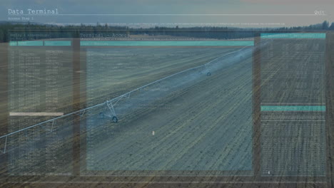 center-pivot irrigation pipeline crossing plowed field, displaying code windows in flat design