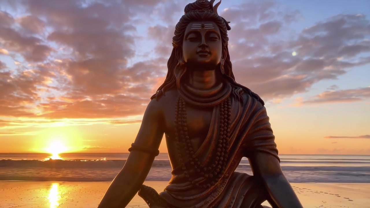 Estátua do Senhor Shiva Meditando em uma Praia ao Pôr do Sol