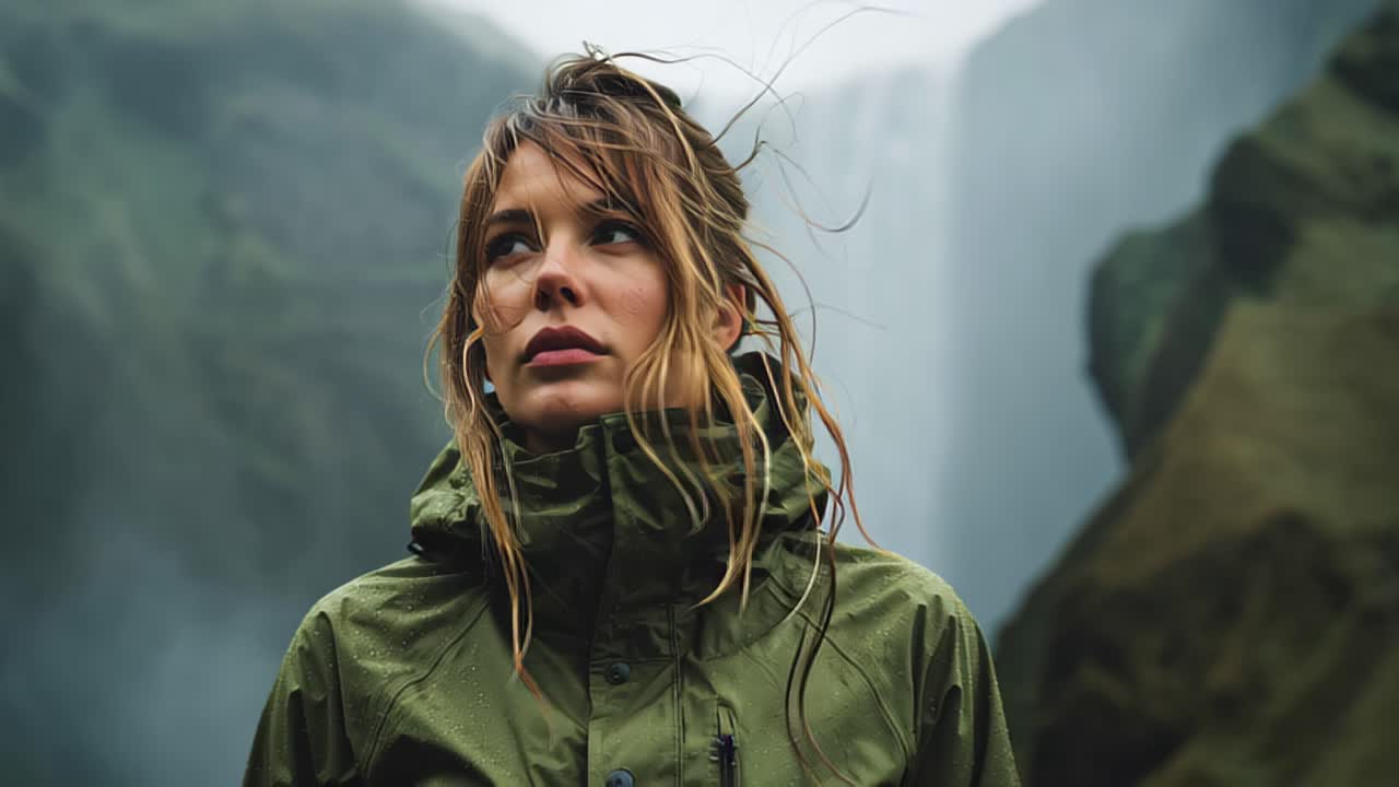 Primo piano cinematografico di una giovane donna con i capelli bagnati che indossa una giacca antipioggia verde, in piedi all'aperto vicino a una potente cascata e scogliere nebbiose con tempo piovoso.