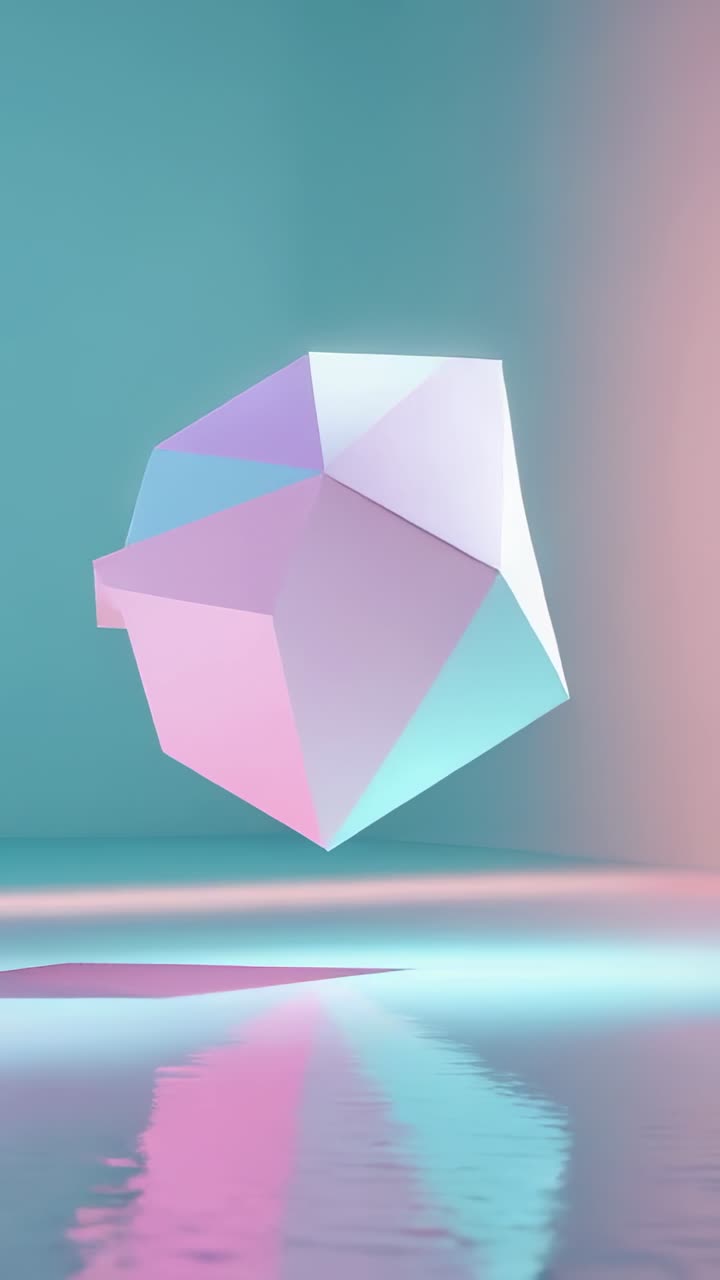 Vertical video: Floating pastel polyhedron rotating at first frame in art studio to reveal facets