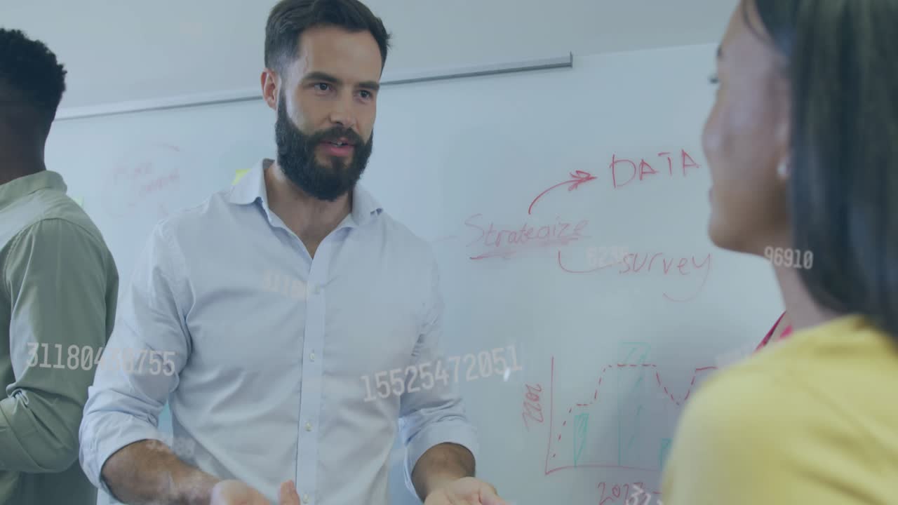 Lead explaining business DATA graph with red pen, woman asking while charts following gestures