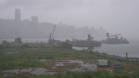 waterfront is seen under heavy rain during a severe tropical typhoon storm signal t8 ma-on, which sustained winds of 63 miles and damaged the city of hong kong