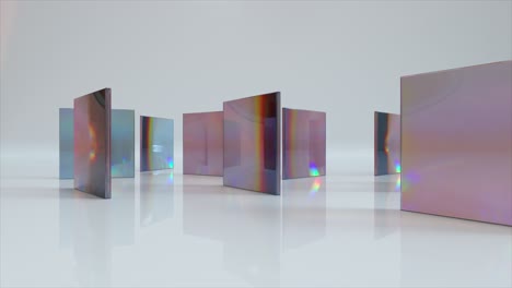 Verdunkelte-Rechteckige-Linsen-Drehen-Sich-Im-Kreis-Auf-Hellem-Hintergrund,-Lichtbrechung,-3D-Animation