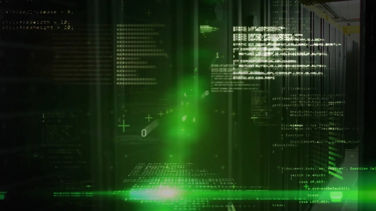 Green scan beam pulsing at floor then rising along racks, visualizing code clusters activating