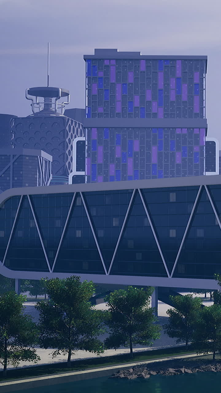 Edifici moderni con luci colorate sul lungomare di sera.