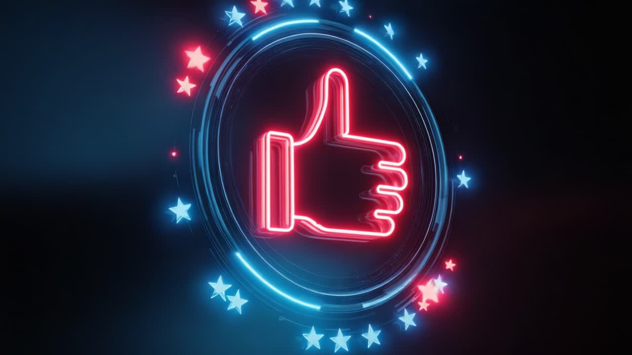 Vibrant Neon Thumbs Up Symbol Surrounded by Stars in a Futuristic Design, Evoking Feelings of Positivity and Approval in a Stylish Setting