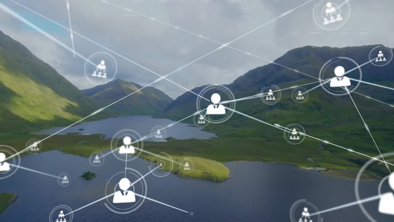 animación de la red de conexiones con iconos sobre el paisaje