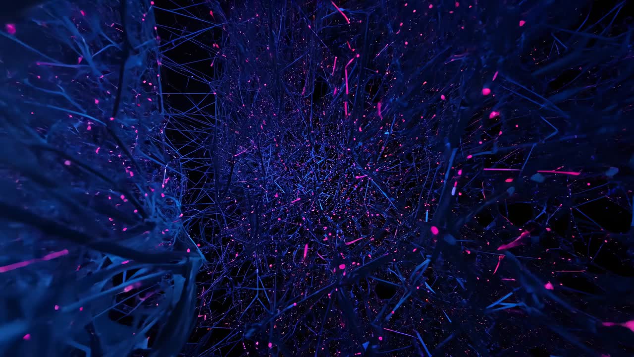 Initiating magenta sparks flickering along neon blue filaments in void, revealing swirling vortex