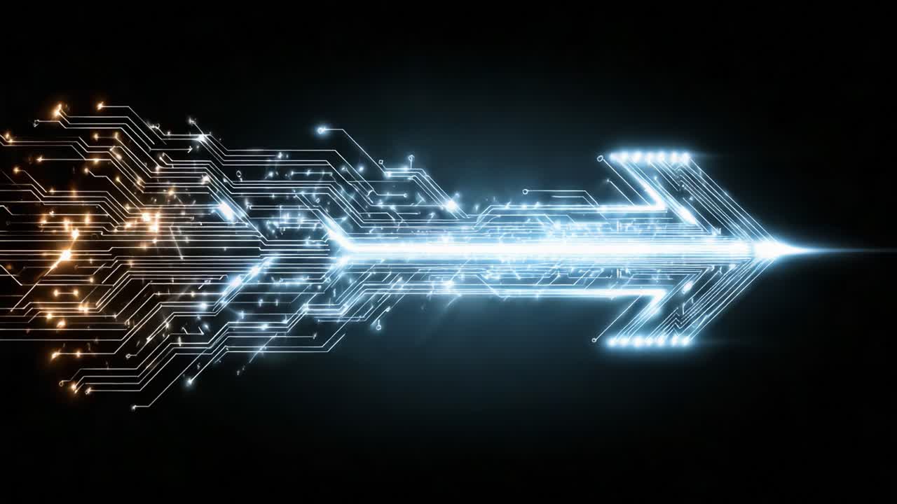 A Dynamic Digital Arrow Symbolizing Progress and Innovation with Circuit Patterns Evolving and Light Trails Creating a Sense of Speed and Energy