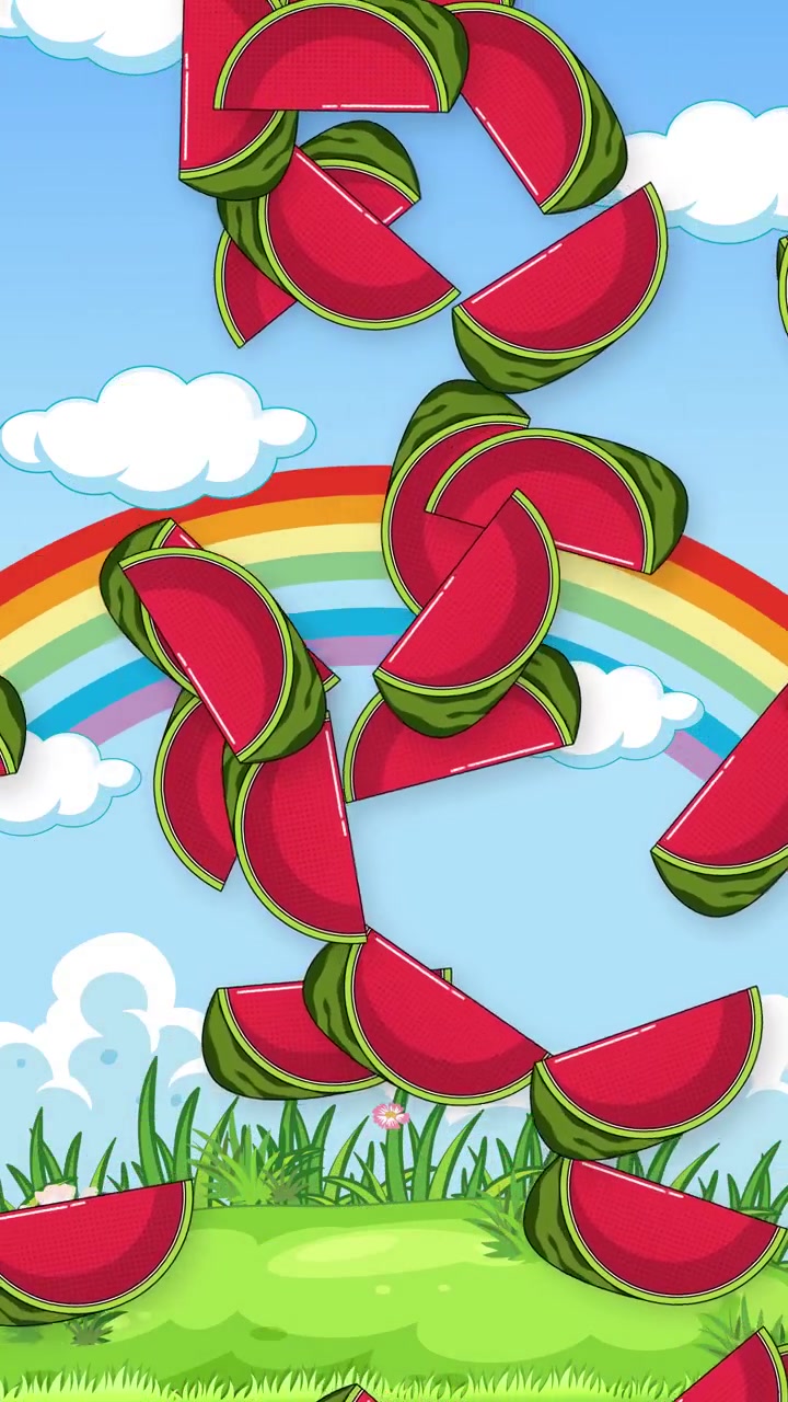 Fette di anguria animate cadono continuamente su uno sfondo di un arcobaleno luminoso, cielo azzurro e paesaggio erboso.