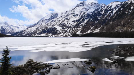 snow-capped mountains reflected in a partially frozen lake