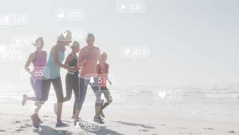 Animation-of-social-media-notifications,-over-women-running-on-beach