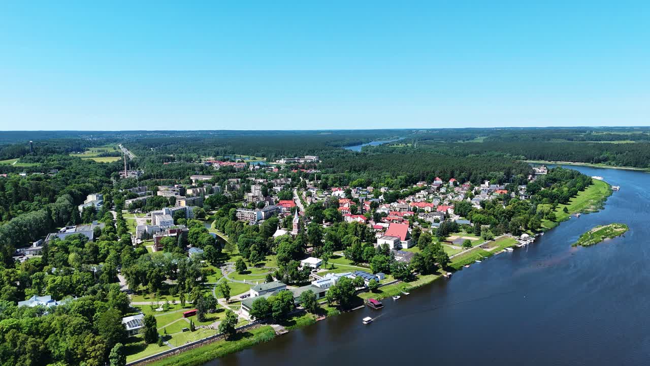 Beautiful Birstonas township near Nemunas river, aerial view