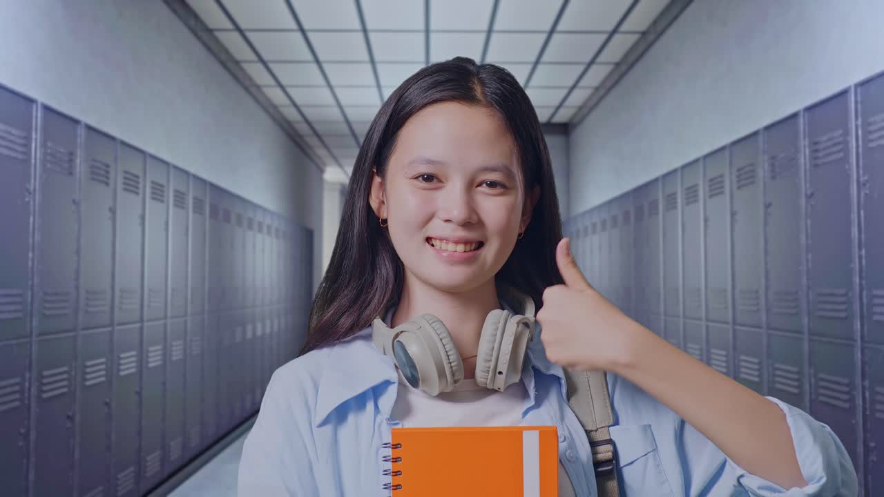 廊下に立っている間笑顔で親指を上げてカメラに向かってジェスチャーをしているアジアのティーンエイジャー女の子の学生のクローズアップ