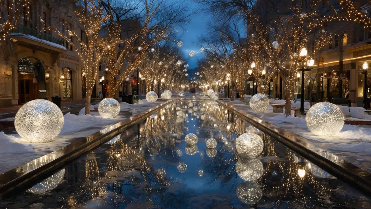 Enchanting Winter Wonderland: A Vibrant Display of Illuminated Orbs and Sparkling Lights Reflecting on a Calm Waterway Under a Twilight Sky