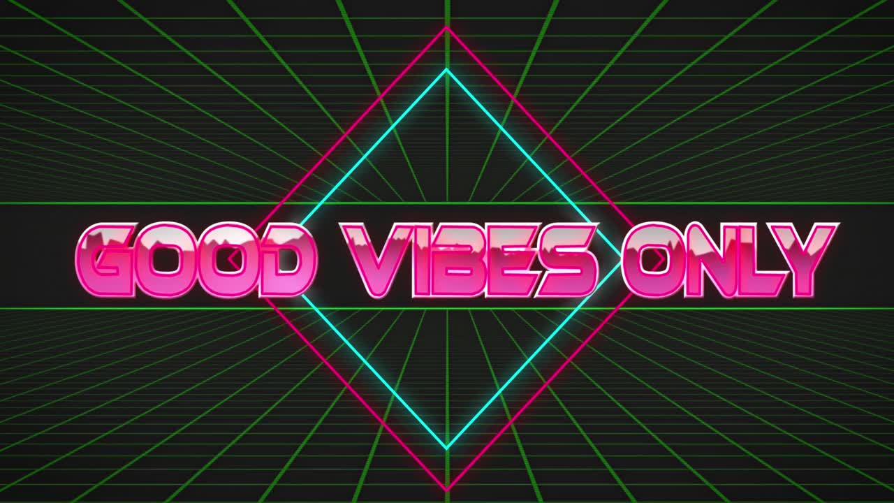 Animation of good vibes only text with rhombus over green grid pattern against black background