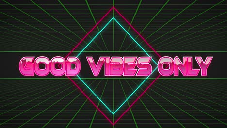 animation of good vibes only text with rhombus over green grid pattern against black background