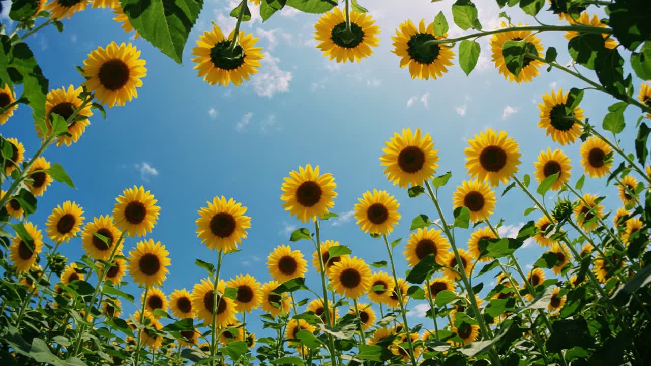 A Vibrant Field of Sunflowers Under a Clear Blue Sky, Showcasing the Majestic Beauty of Nature's Brightest Blooms in Full Radiance and Glory
