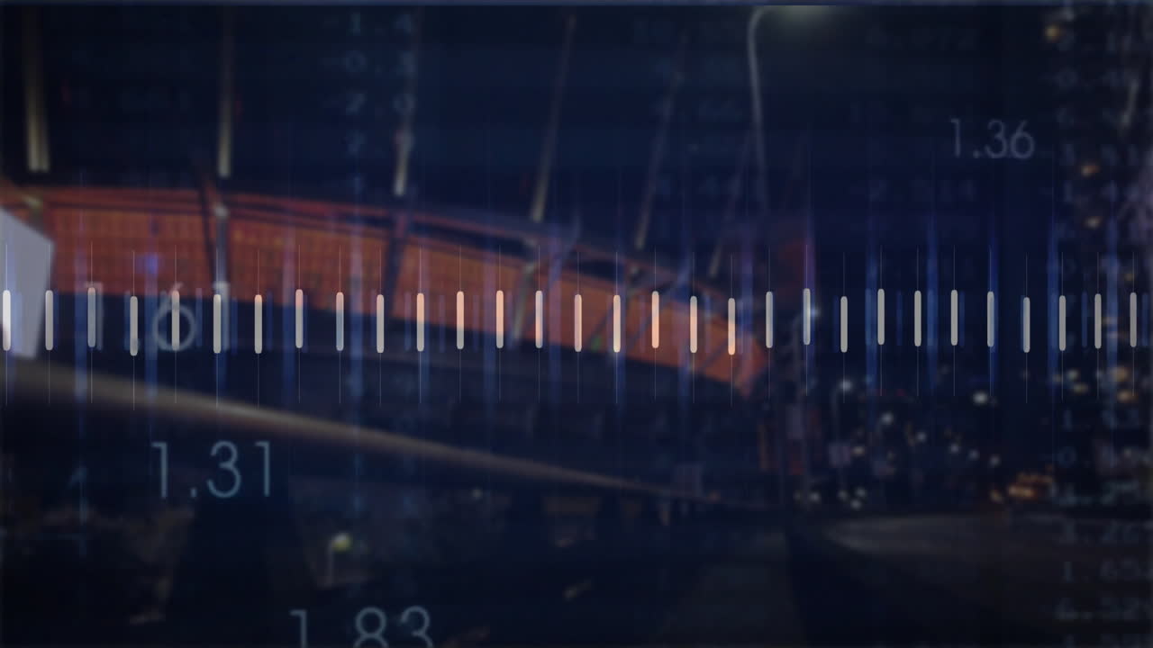 Digital equalizer bars being visualized over blurred city skyline with flat design grid overlay