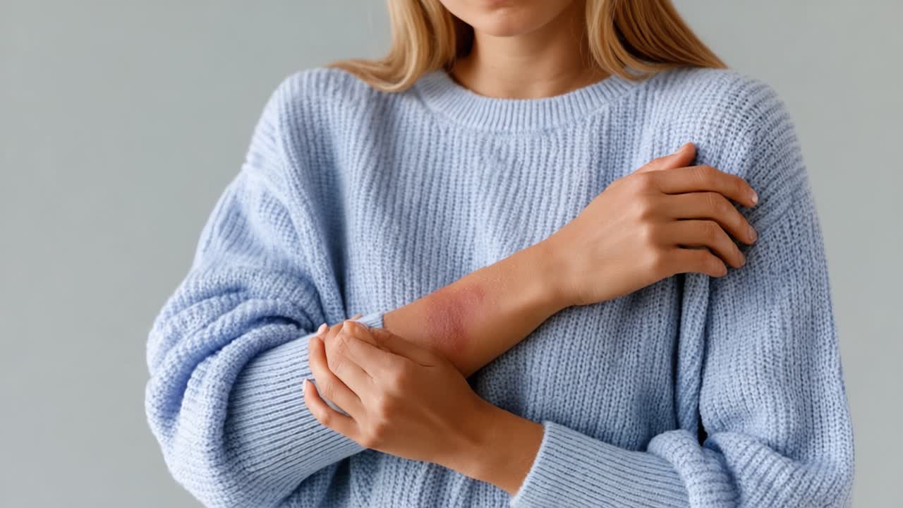 Una mujer examina una irritación cutánea en su brazo mientras lleva un acogedor suéter azul, reflejando preocupación por su salud y bienestar en un entorno de fondo neutro.
