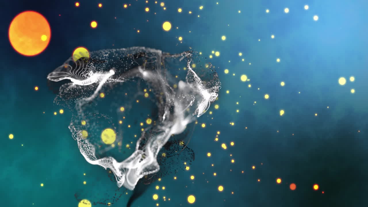 White semi-transparent particles swirling over deep teal-blue backdrop while golden orbs glowing