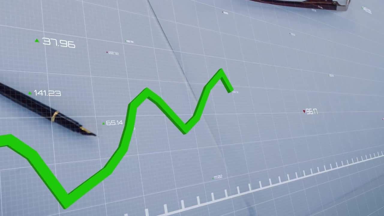 animación del procesamiento de datos estadísticos frente a un primer plano de un bolígrafo y un papel en blanco.