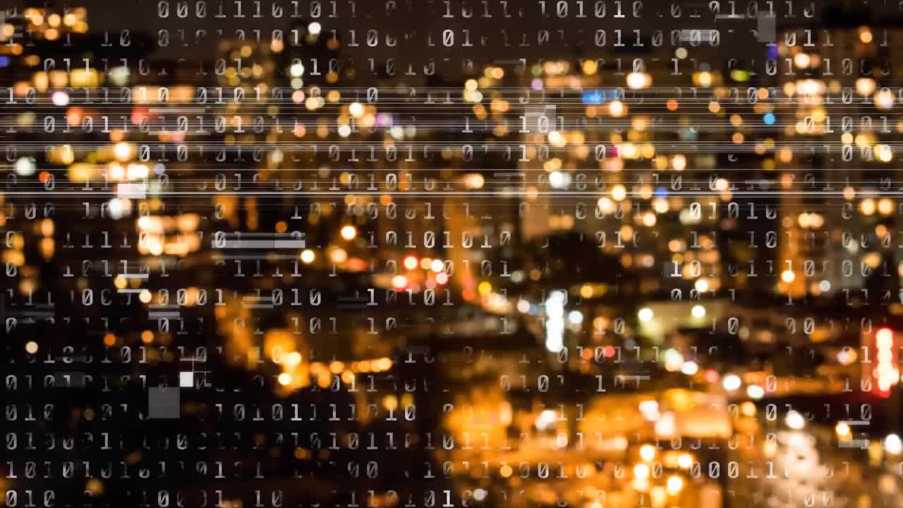 Animation of binary coding over cityscape in background